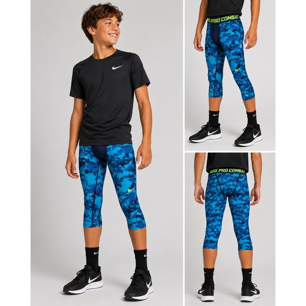 Nike Pro Combat Compression Pants Boy XXL Blue Camo Athletic Base Layer Neon 3/4